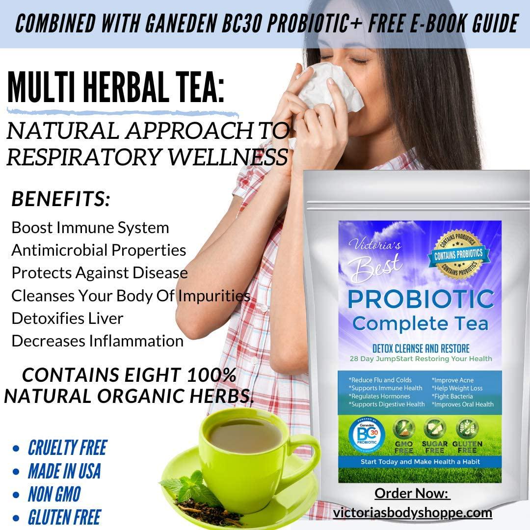 Probiotic Complete Tea 28 Day Weight Loss Detox Reduce Bloating Constipation Cleanse Caffeine Free Ganeden BC30 Probiotic + Free E-Book Guide