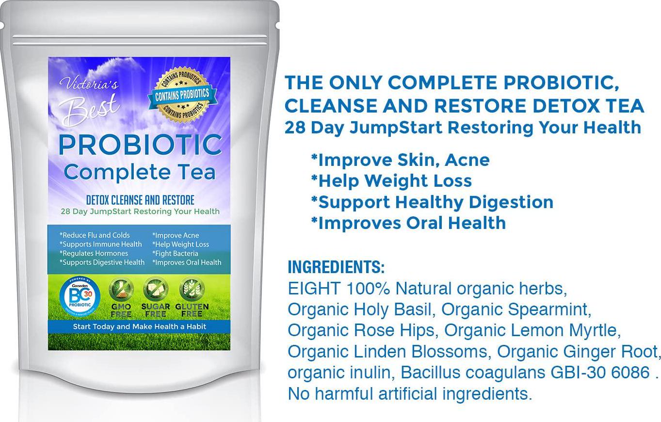 Probiotic Complete Tea 28 Day Weight Loss Detox Reduce Bloating Constipation Cleanse Caffeine Free Ganeden BC30 Probiotic + Free E-Book Guide