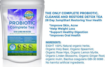 Probiotic Complete Tea 28 Day Weight Loss Detox Reduce Bloating Constipation Cleanse Caffeine Free Ganeden BC30 Probiotic + Free E-Book Guide