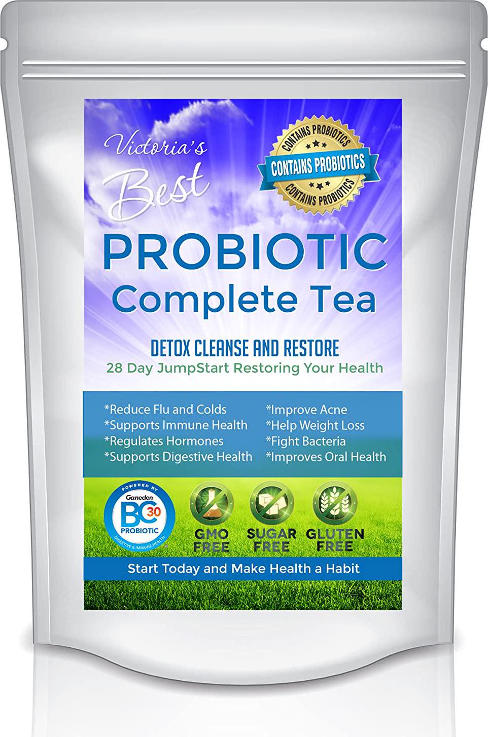 Probiotic Complete Tea 28 Day Weight Loss Detox Reduce Bloating Constipation Cleanse Caffeine Free Ganeden BC30 Probiotic + Free E-Book Guide