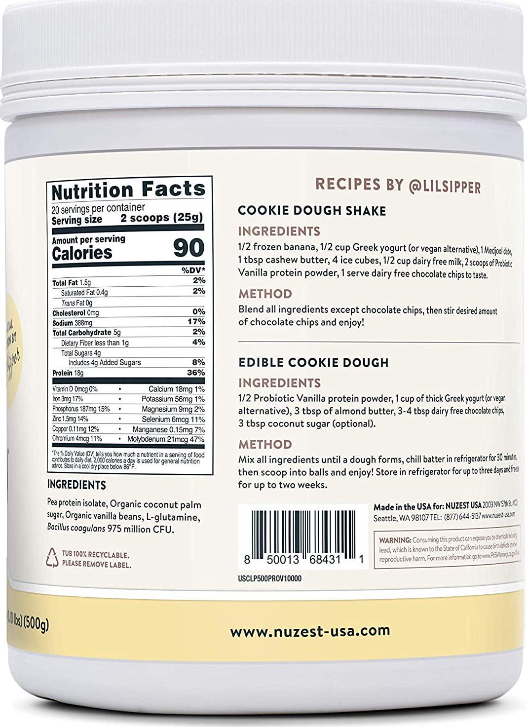 Probiotic Vanilla Clean Lean Protein by Nuzest - Digestive Support, Pea Protein Powder with Added Probiotics, Vegan Protein Powder, Gut Health, Non-GMO, 20 Servings, 1.1 lb