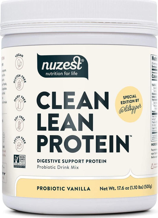 Probiotic Vanilla Clean Lean Protein by Nuzest - Digestive Support, Pea Protein Powder with Added Probiotics, Vegan Protein Powder, Gut Health, Non-GMO, 20 Servings, 1.1 lb