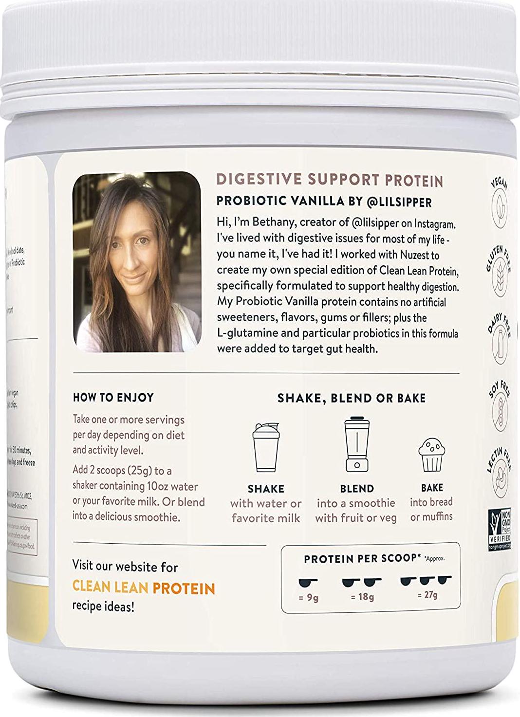 Probiotic Vanilla Clean Lean Protein by Nuzest - Digestive Support, Pea Protein Powder with Added Probiotics, Vegan Protein Powder, Gut Health, Non-GMO, 20 Servings, 1.1 lb