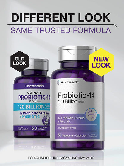 Probiotics 120 Billion CFUs | 50 Capsules | with Prebiotics for Women and Men | Vegetarian, Non-GMO and Gluten Free Supplement | by Horbaach