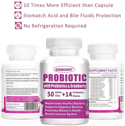 Probiotics for Women 50 Billion CFU, 14 Strains, Supports Vaginal, Digestive and Immune Health, Prebiotic Fiber Shelf Stable, Gluten and Soy Free 60 Tablets