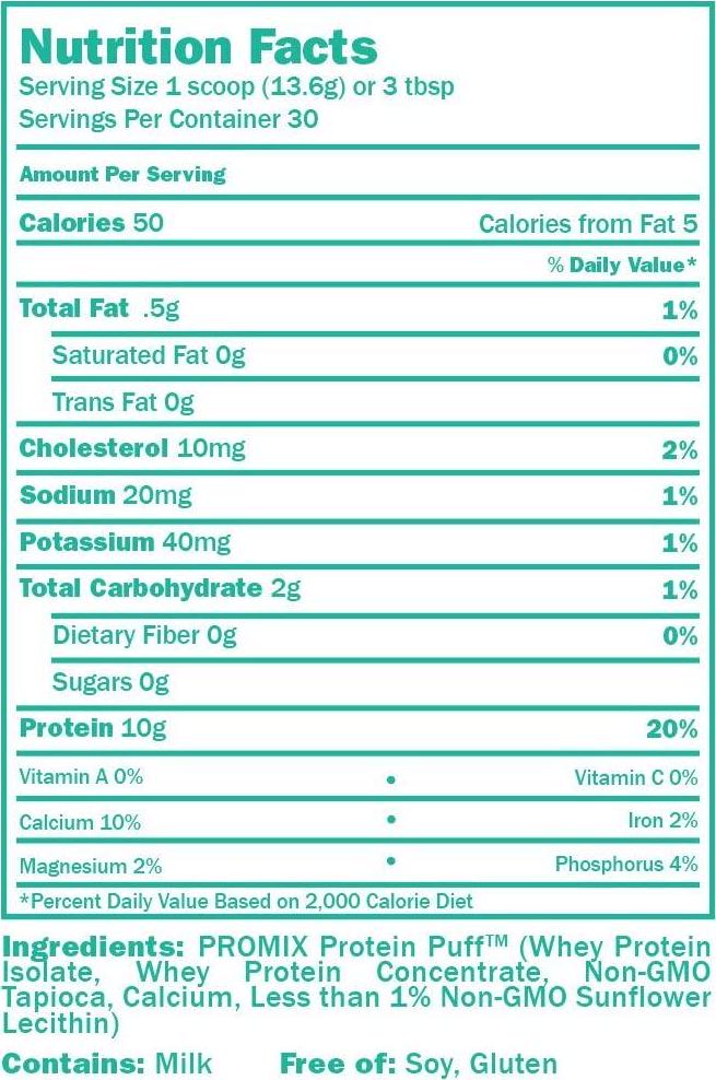 Promix Whey Isolate Protein Puffs, Unflavored - Crunchy and Crispy Treat - Great Tasting and Healthy On The Go Snack - High Protein and Low Calorie - Non-GMO and Free From Gluten, Soy, and Corn