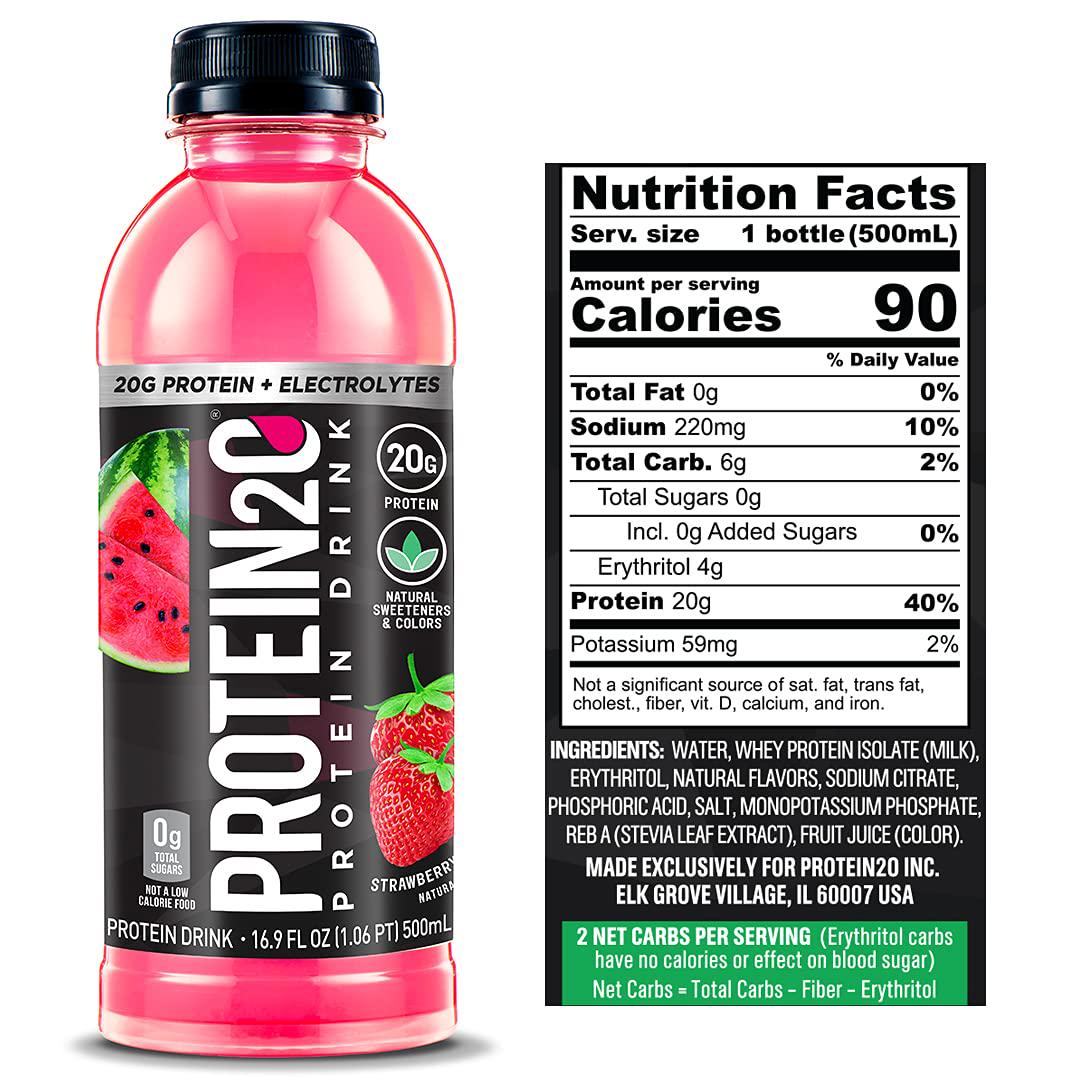 Protein2o 20 g Whey Protein Infused Water Plus Electrolytes, Strawberry Watermelon, 16.9 Fl Oz, Pack of 12