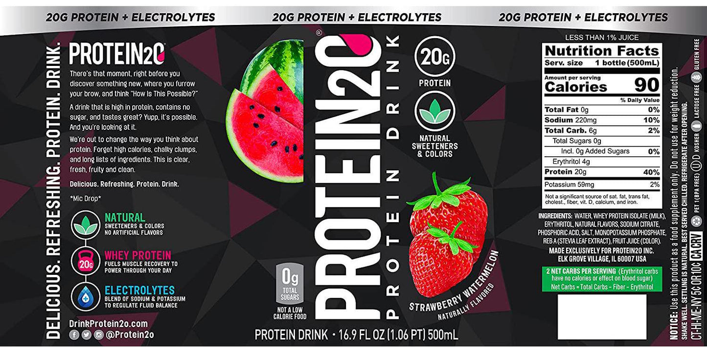 Protein2o 20 g Whey Protein Infused Water Plus Electrolytes, Strawberry Watermelon, 16.9 Fl Oz, Pack of 12