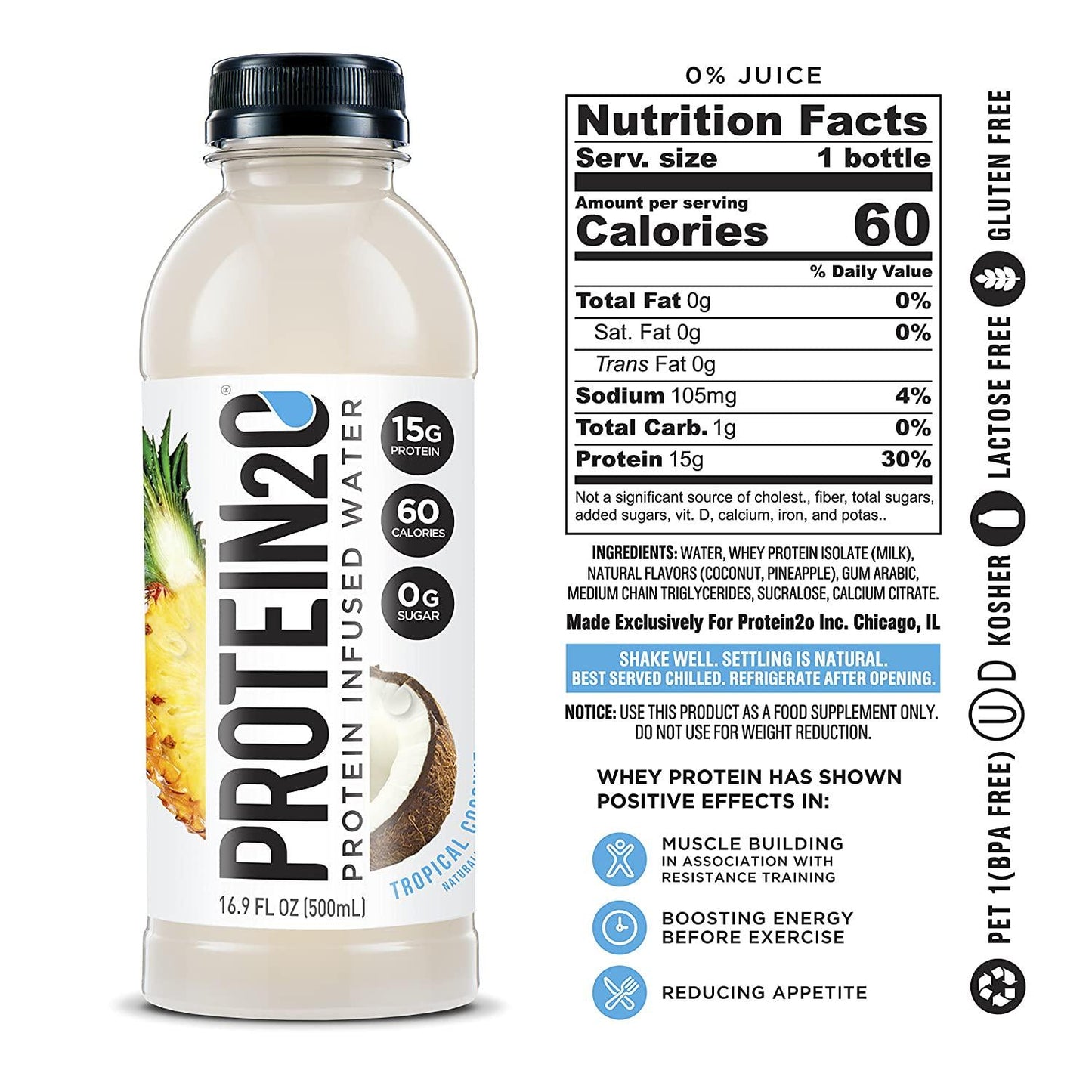 Protein2o Low Calorie Protein Infused Water, 15g Whey Protein Isolate, Tropical Coconut (Pack of 12), 16.89 Ounce and Energy, Low Calorie Protein Infused Water, Cherry Lemonade, (Pack of 12)