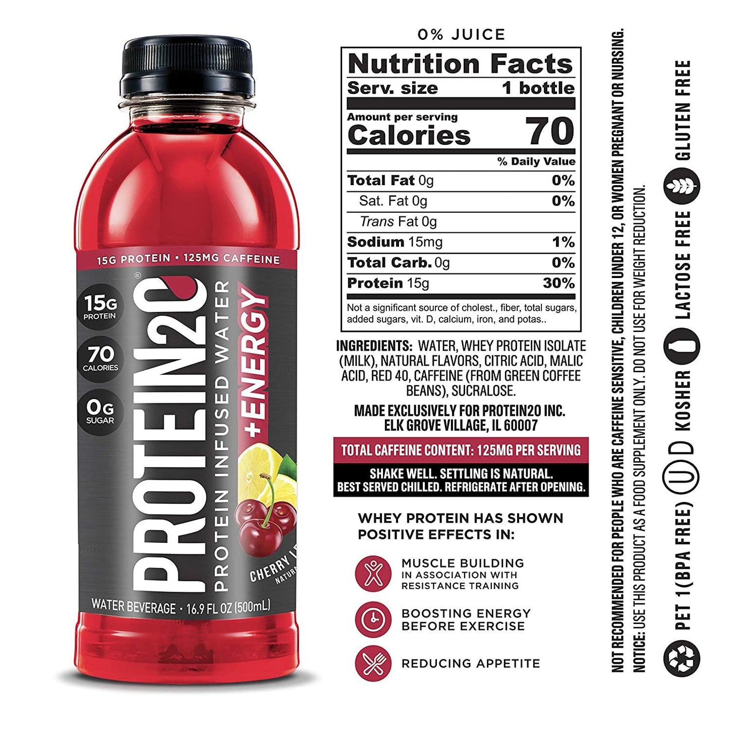 Protein2o Low Calorie Protein Infused Water, 15g Whey Protein Isolate, Tropical Coconut (Pack of 12), 16.89 Ounce and Energy, Low Calorie Protein Infused Water, Cherry Lemonade, (Pack of 12)