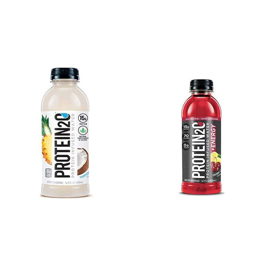 Protein2o Low Calorie Protein Infused Water, 15g Whey Protein Isolate, Tropical Coconut (Pack of 12), 16.89 Ounce and Energy, Low Calorie Protein Infused Water, Cherry Lemonade, (Pack of 12)