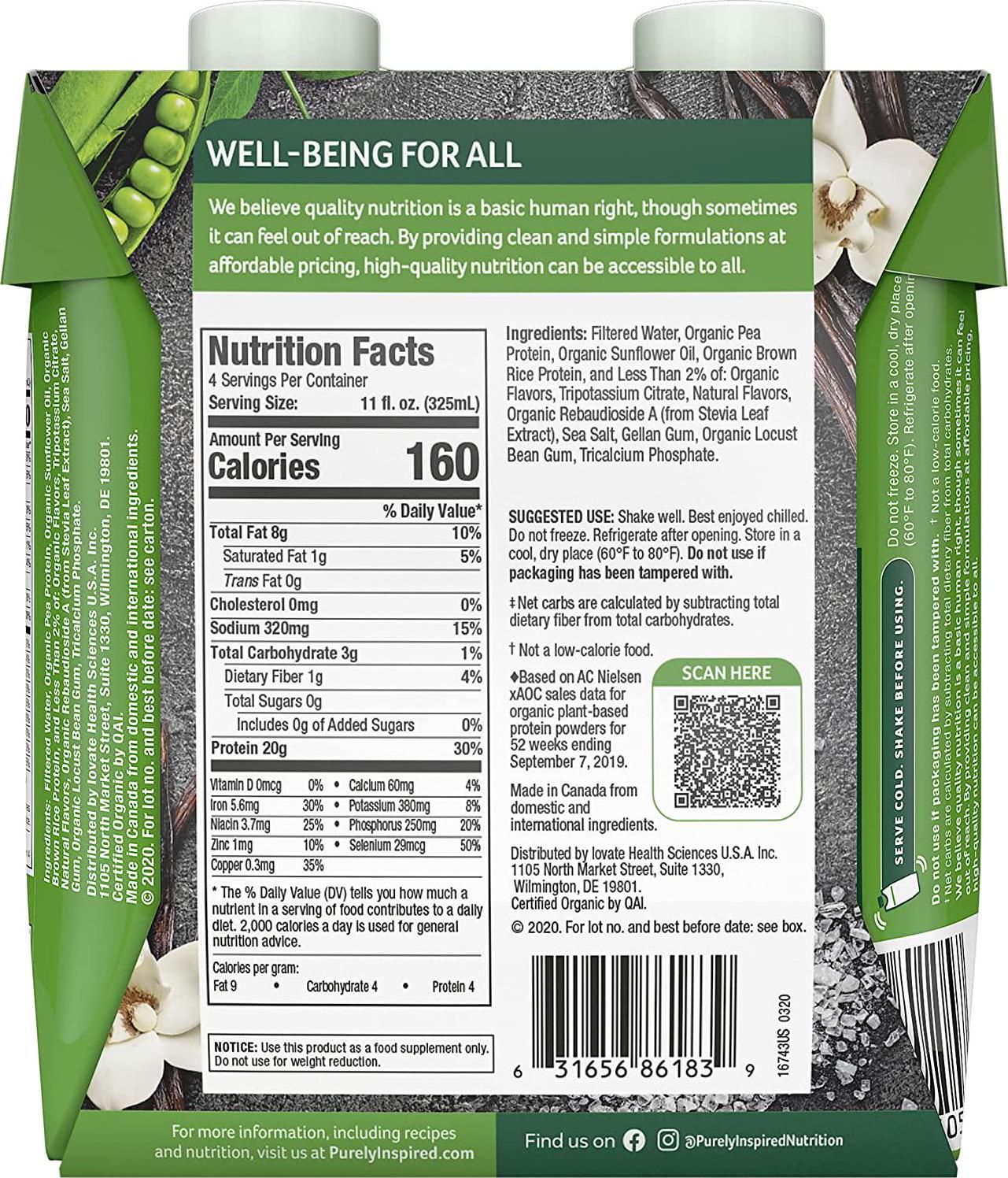 Protein Shakes Ready to Drink | Purely Inspired Organic Protein Shake | 20g of Plant Based Protein |Sports Nutrition RTD | French Vanilla, 11 fl. oz (Pack of 12) (Packaging may vary)