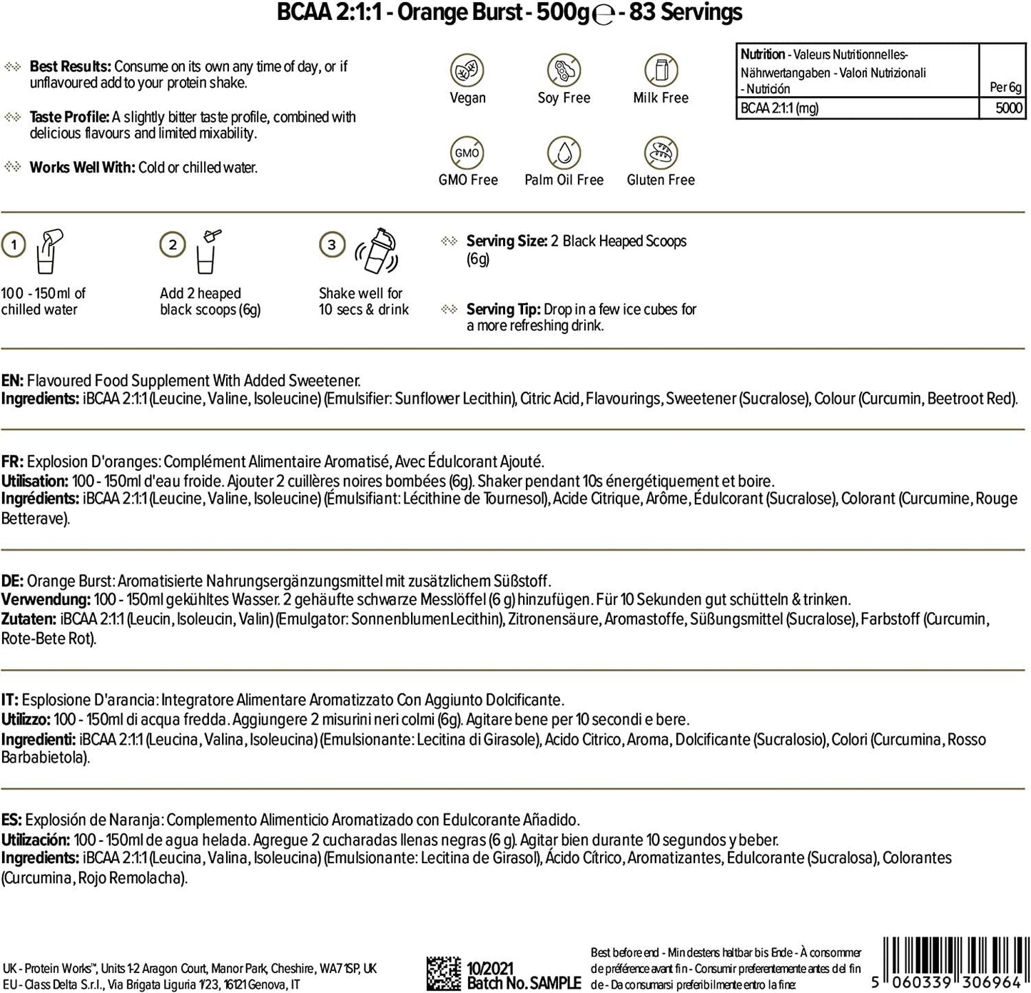 Protein Works | Instantised BCAA Powder | Branched Chain Amino Acid Supplement | 2:1:1 Ratio | Aids Recovery and Muscle Building | Orange Burst | 500 g