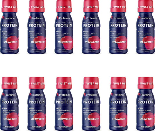 Proteinex 2Go Liquid Hydrolyzed Protein Supports Bones, Muscles and Joint Recovery - 12-Pack No Carbs Predigested Hydrolysate Protein Supplement - Sugar Free Liquid Collagen Drink (Strawberry)