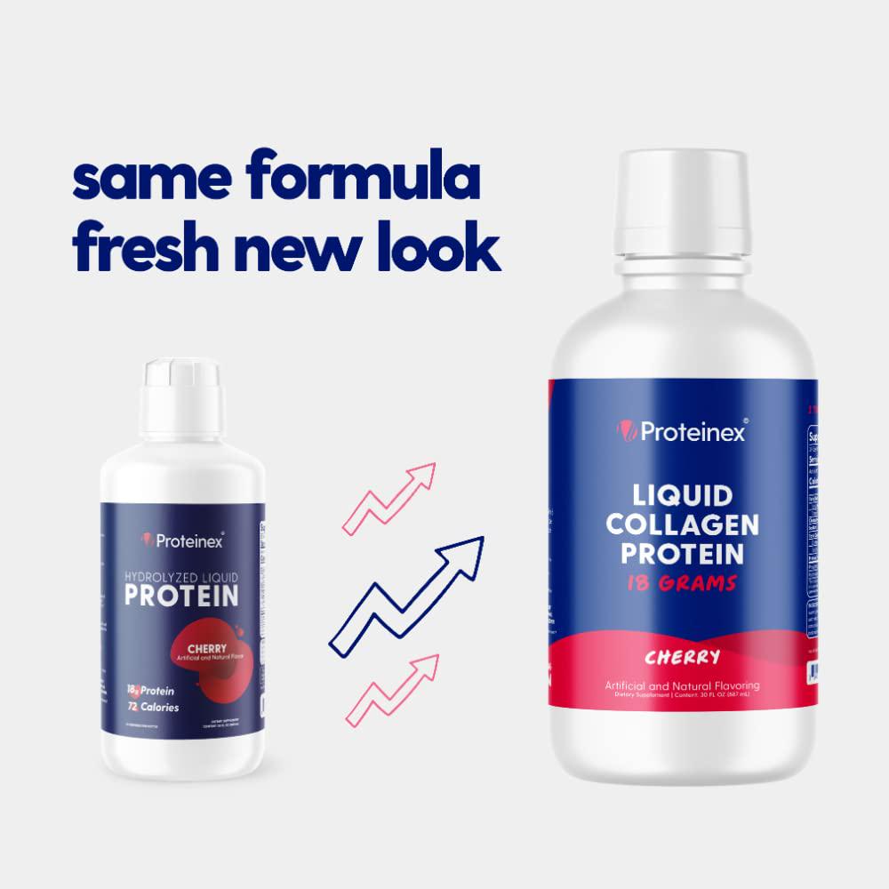 Proteinex Liquid Hydrolyzed Protein Supports Muscle and Joints Recovery - Liquid Collagen for Women and Men for Healthy Skin, Hair and Nails - No Carbs Ready to Drink Protein Drink (Cherry)