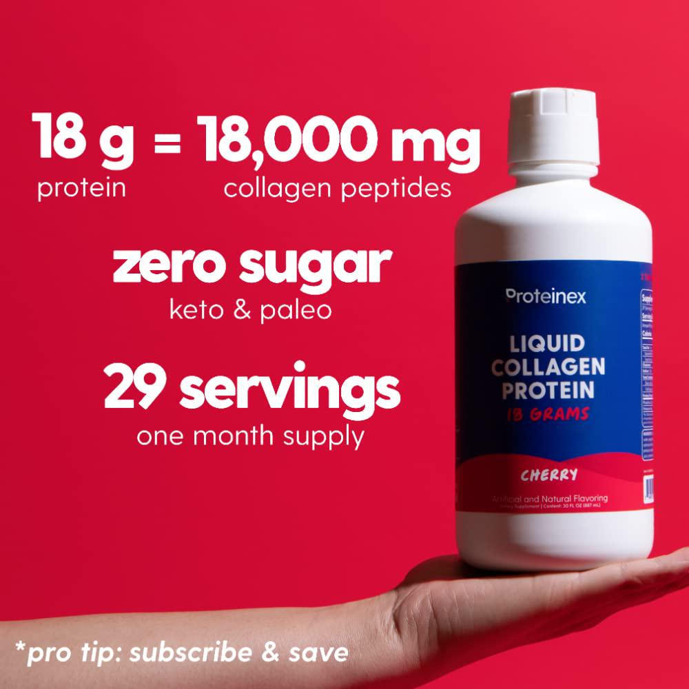 Proteinex Liquid Hydrolyzed Protein Supports Muscle and Joints Recovery - Liquid Collagen for Women and Men for Healthy Skin, Hair and Nails - No Carbs Ready to Drink Protein Drink (Cherry)