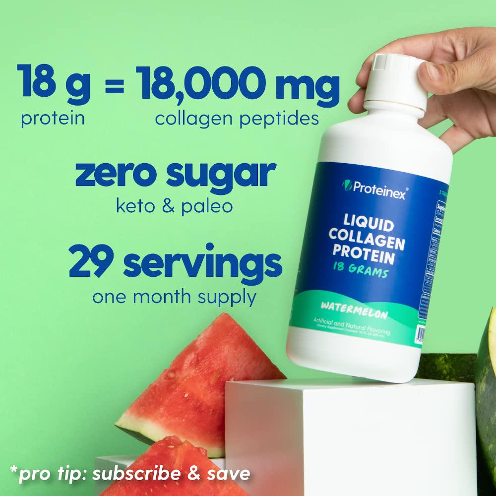 Proteinex Liquid Hydrolyzed Protein Supports Muscle and Joints Recovery - Liquid Collagen for Women and Men for Healthy Skin, Hair and Nails - No Carbs Ready to Drink Protein Drink (Watermelon)