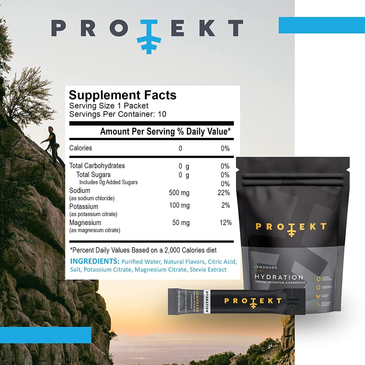 Protekt Hydration Liquid Electrolyte Packets - Organic Electrolytes and Sugar-Free Energy Packets - 10:2:1 Sodium, Potassium, Magnesium Ratio for Electrolyte Balance - Hydration Pack of 10 - Lemonade