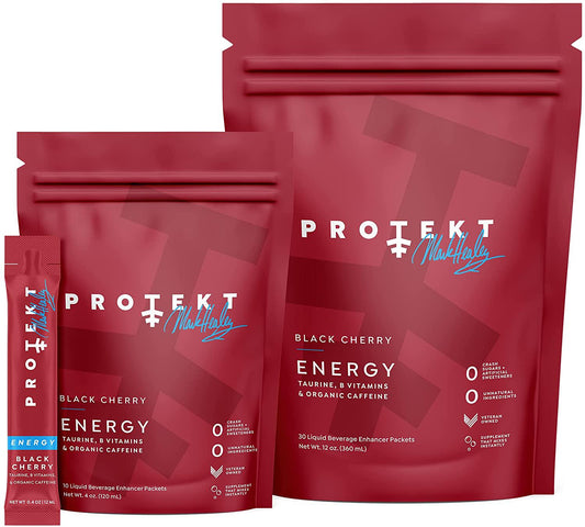 Protekt Mark Healey Signature ENERGY Hydration Packets - Water Enhancer and Energy Drink - Brain Fog and Focus Supplement with Taurine, Organic Caffeine, B Vitamins - Black Cherry - Pack of 30