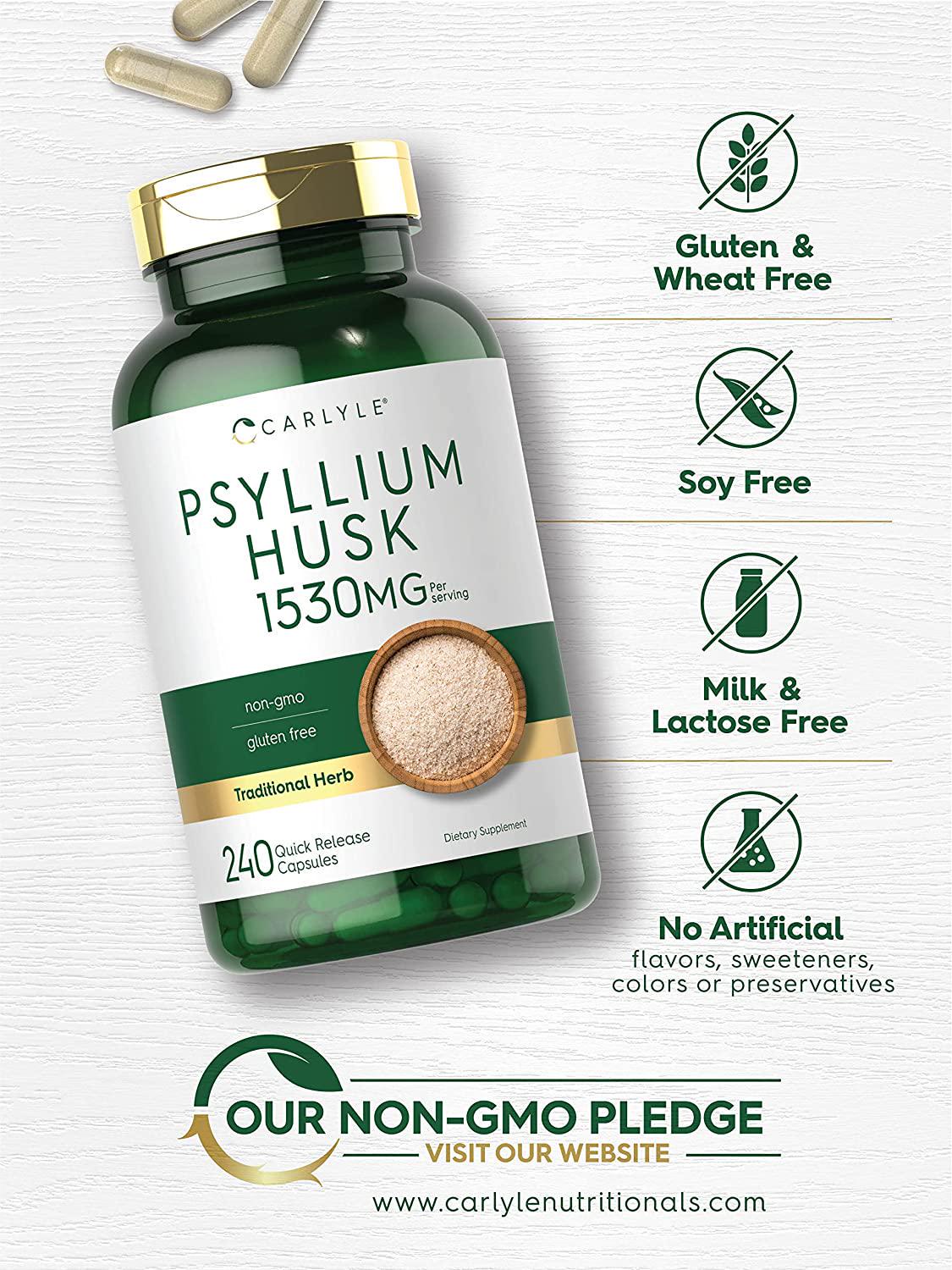 Psyllium Husk Capsules | 1530mg | 240 Caps | High Potency Fiber Supplement | Non-GMO, Gluten Free | by Carlyle