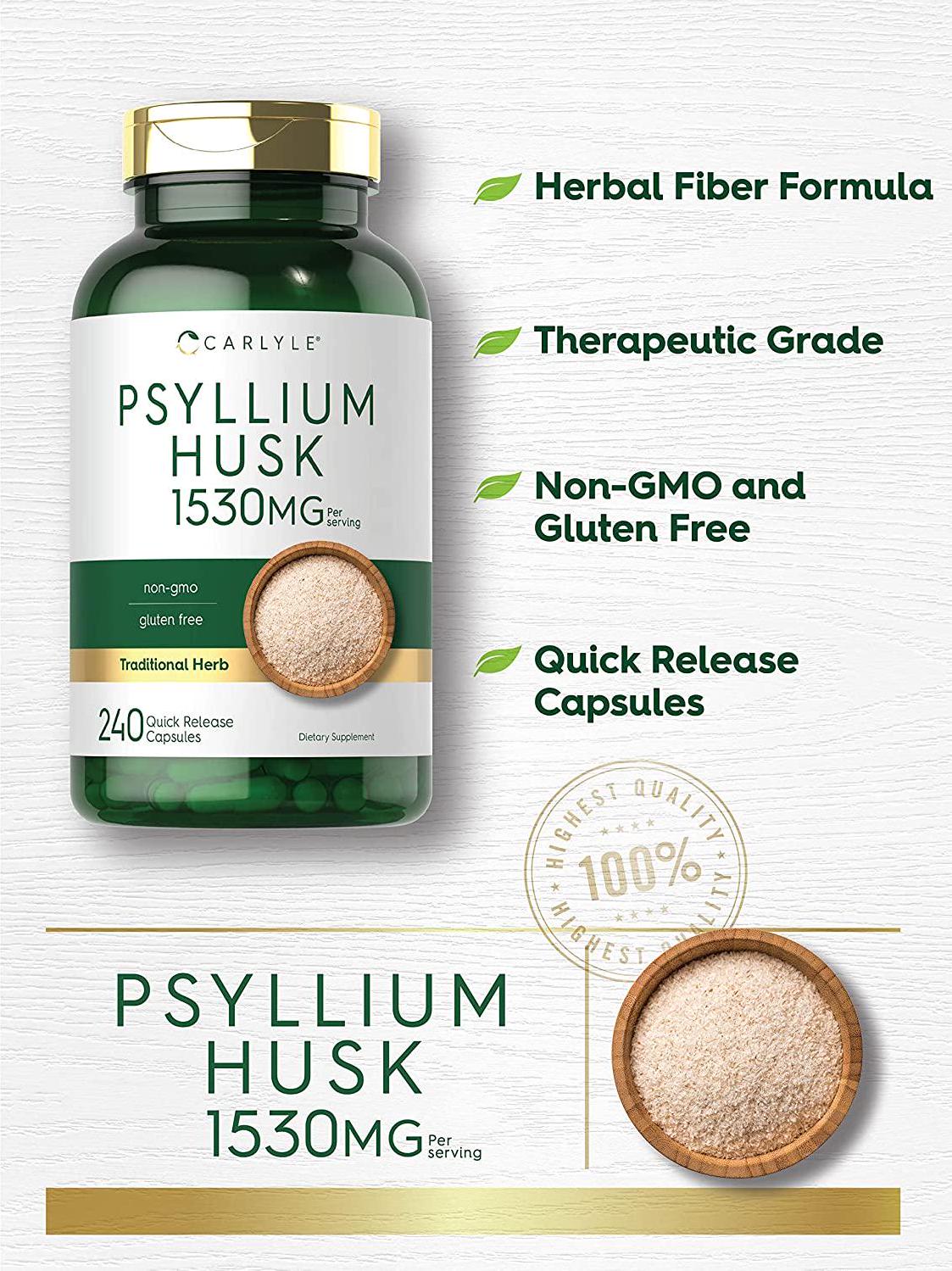 Psyllium Husk Capsules | 1530mg | 240 Caps | High Potency Fiber Supplement | Non-GMO, Gluten Free | by Carlyle