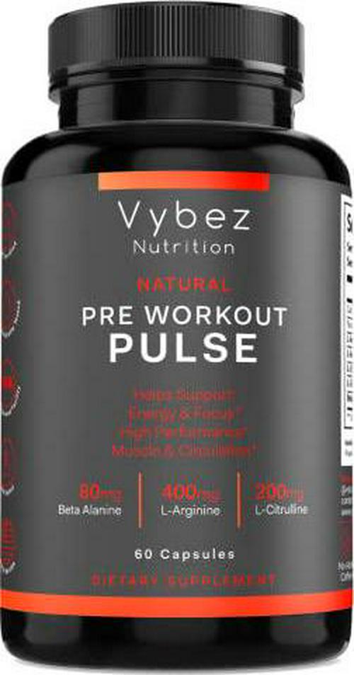 Pulse Pre-Workout Supplement, Stimulant Free - Caffeine Free Preworkout and Without Creatine, for Women and Men, with Beta Alanine, L-Citrulline and L-Arginine, 60 Capsules, Vybez Nutrition