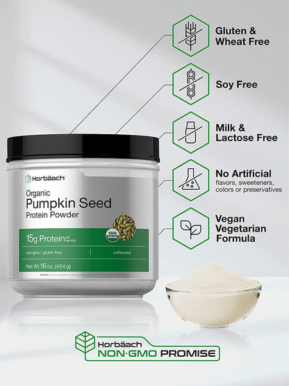 Pumpkin Seed Protein Powder Organic | 16 oz | Vegetarian, Gluten Free, and Non-GMO Formula | Keto and Paleo Supplement | 15g of Protein | by Horbaach