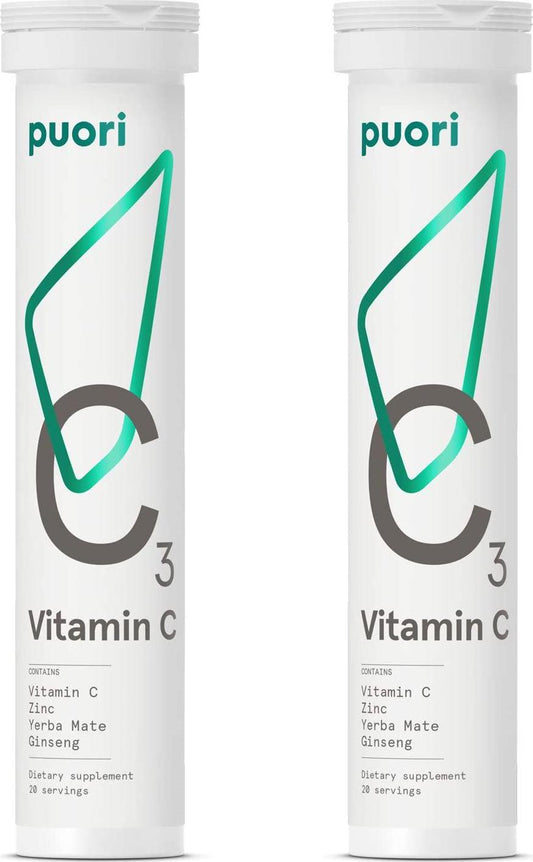 Puori C3 Vitamin C Supplement for Immune and Antioxidant Support - 20 Servings x 2 Packs - Vitamin C, Zinc, Yerba Mate, Ginseng Helps Fight Fatigue and Cognitive Function