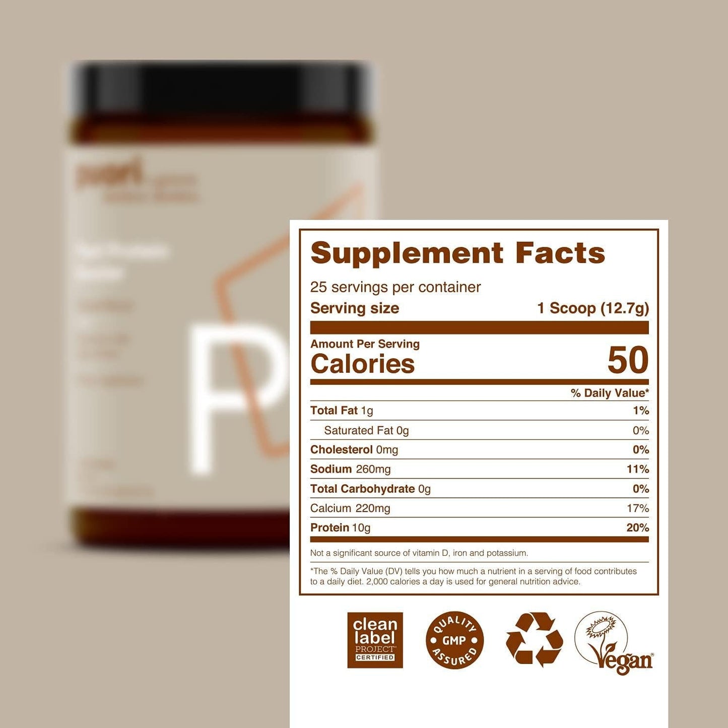 Puori Vegan Plant Protein Enhancer Powder - 25 Servings - Neutral Flavor Pea Protein with Algae Calcium for Essential Amino Acids - Dairy-Free, Vegetarian, Non GMO