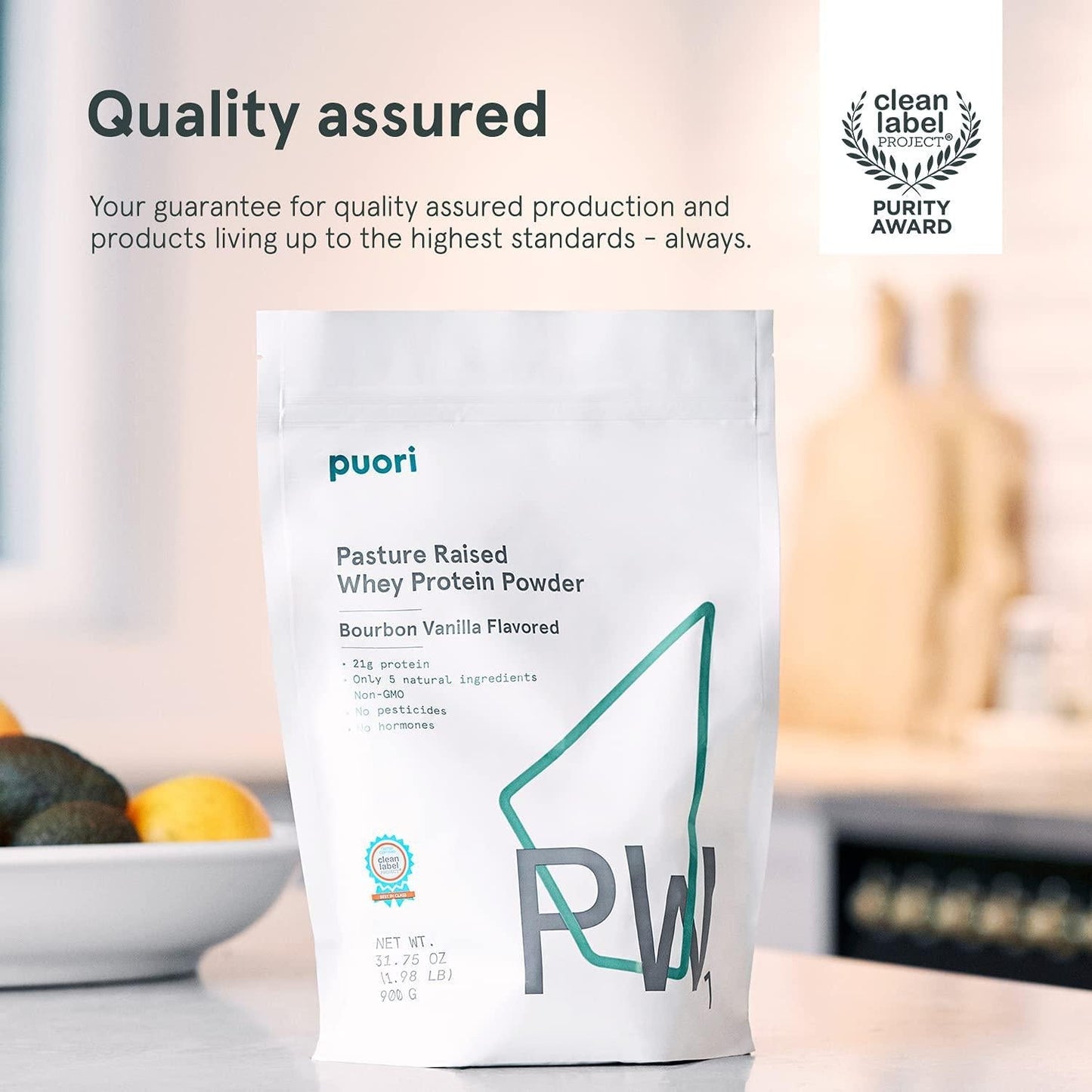 Puori Whey Protein Powder - Bourbon Vanilla - PW1 Pasture Raised Non-GMO - 100% Natural and Pure for Muscle Growth - 21g Protein 1.98lbs