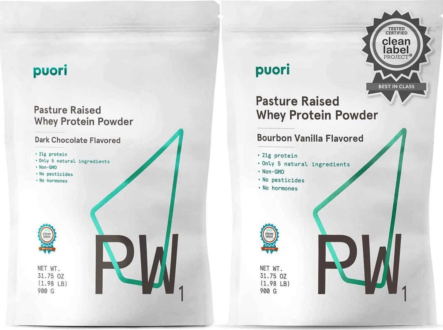 Puori Whey Protein Powder Bundle - Dark Chocolate and Bourbon Vanilla - PW1 Pasture-Raised Grass-Fed Non-GMO - 100% Natural and Pure for Muscle Growth - 21g Protein