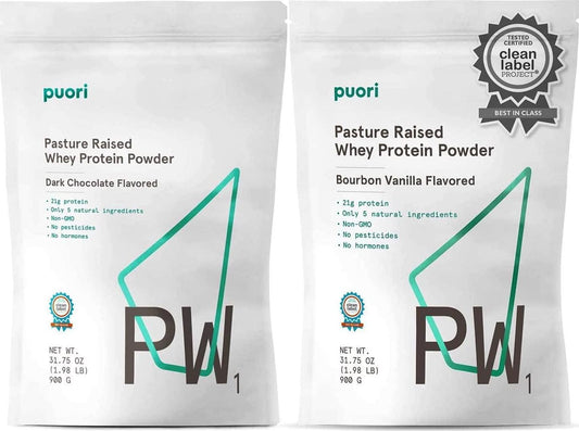 Puori Whey Protein Powder Bundle - Dark Chocolate and Bourbon Vanilla - PW1 Pasture-Raised Grass-Fed Non-GMO - 100% Natural and Pure for Muscle Growth - 21g Protein