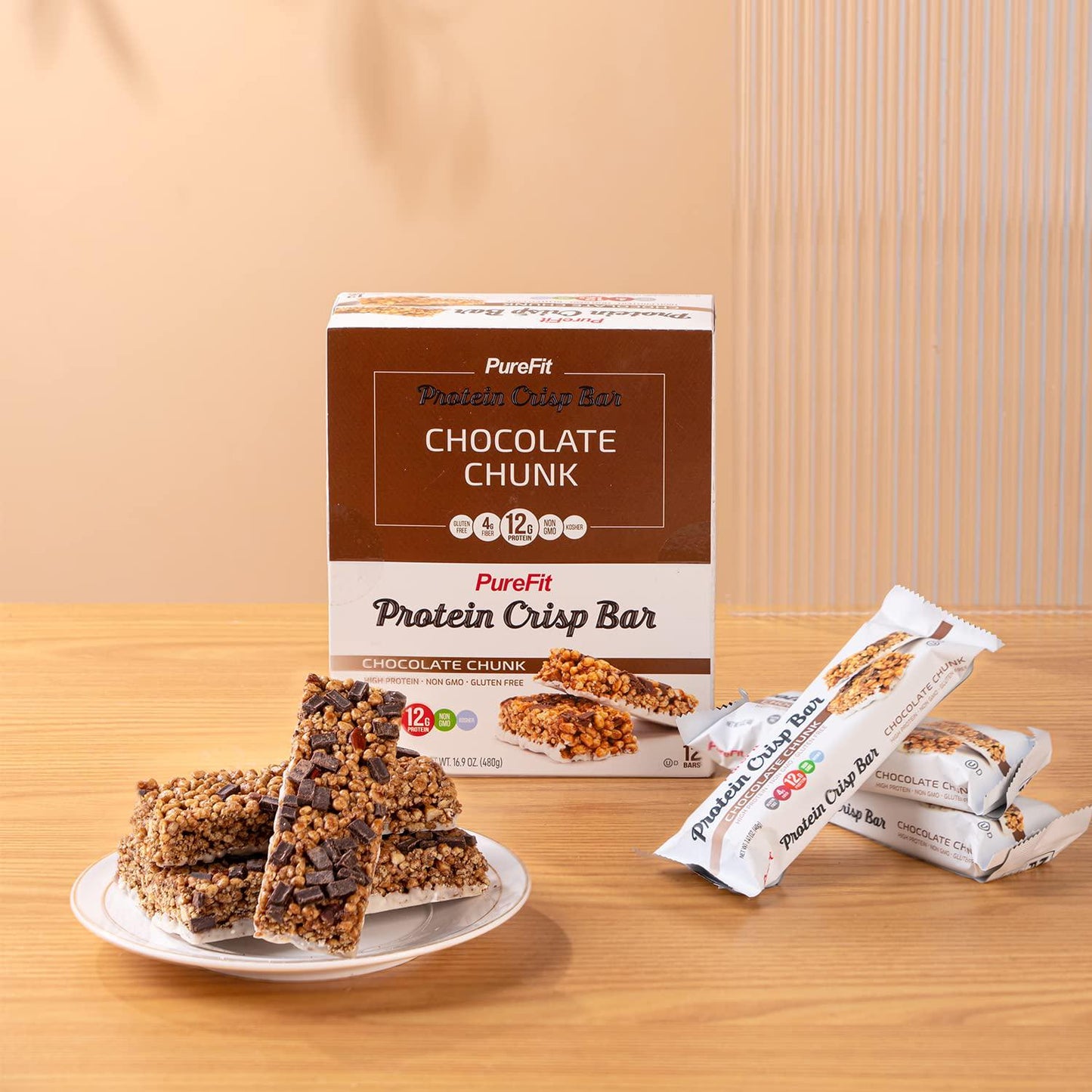 PureFit Protein Bars, Protein Crisp Bar, Chocolate Chunk, Plant Based, Low Calorie, Gluten Free, Non-GMO, Kosher, Tasty - 12g High Protein Snacks -1.4oz (12 Count)