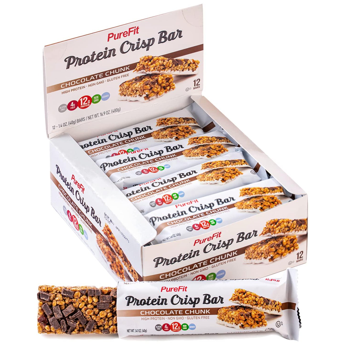 PureFit Protein Bars, Protein Crisp Bar, Chocolate Chunk, Plant Based, Low Calorie, Gluten Free, Non-GMO, Kosher, Tasty - 12g High Protein Snacks -1.4oz (12 Count)