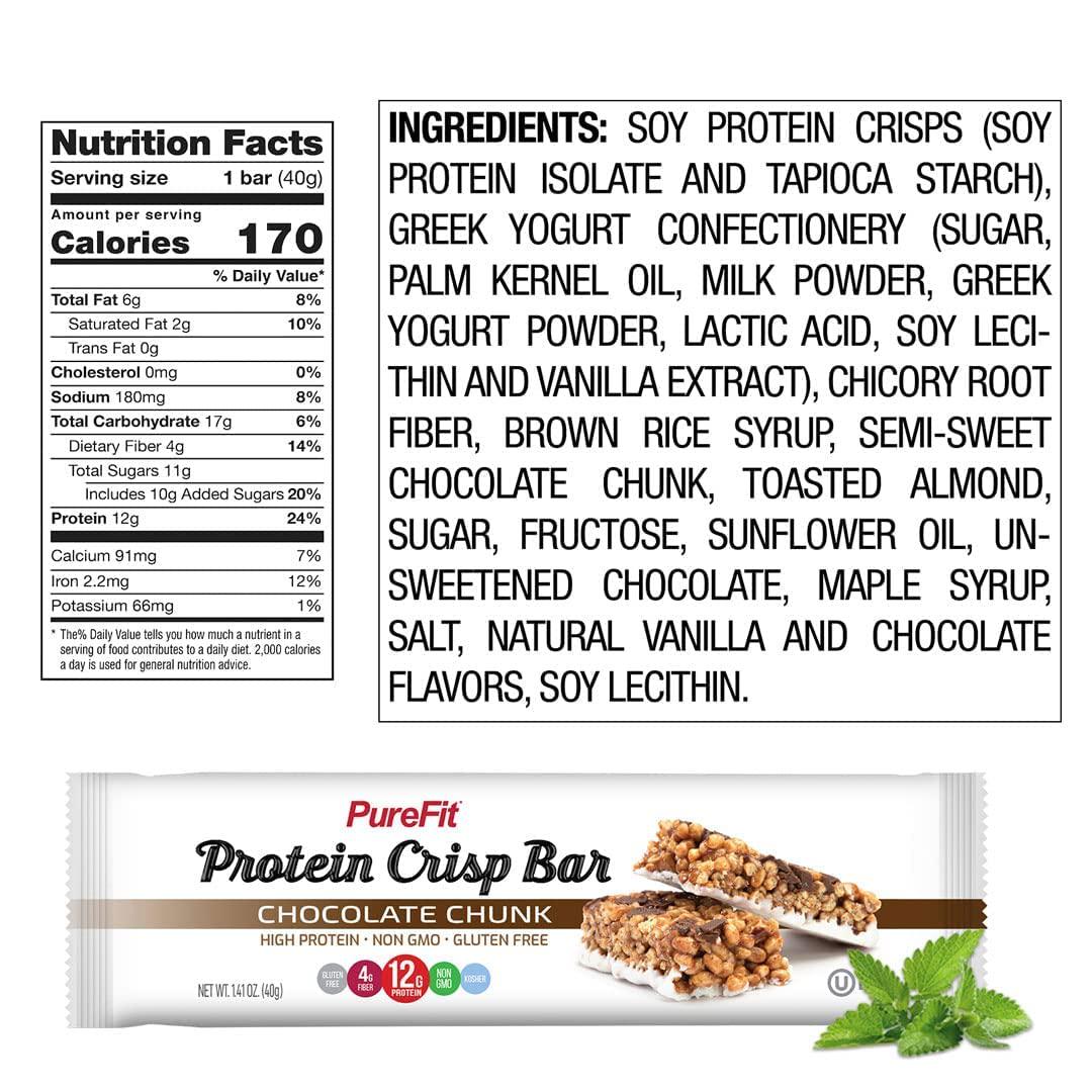 PureFit Protein Bars, Protein Crisp Bar, Chocolate Chunk, Plant Based, Low Calorie, Gluten Free, Non-GMO, Kosher, Tasty - 12g High Protein Snacks -1.4oz (12 Count)