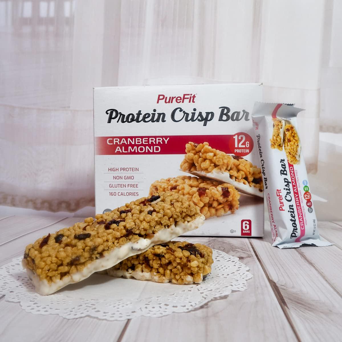 PureFit Protein Crisp Bar, Cranberry Almond, Plant Based, Low Calorie, Gluten Free, Non-GMO, Kosher, Tasty - 12g High Protein Snacks- 1.4oz (6 Count)