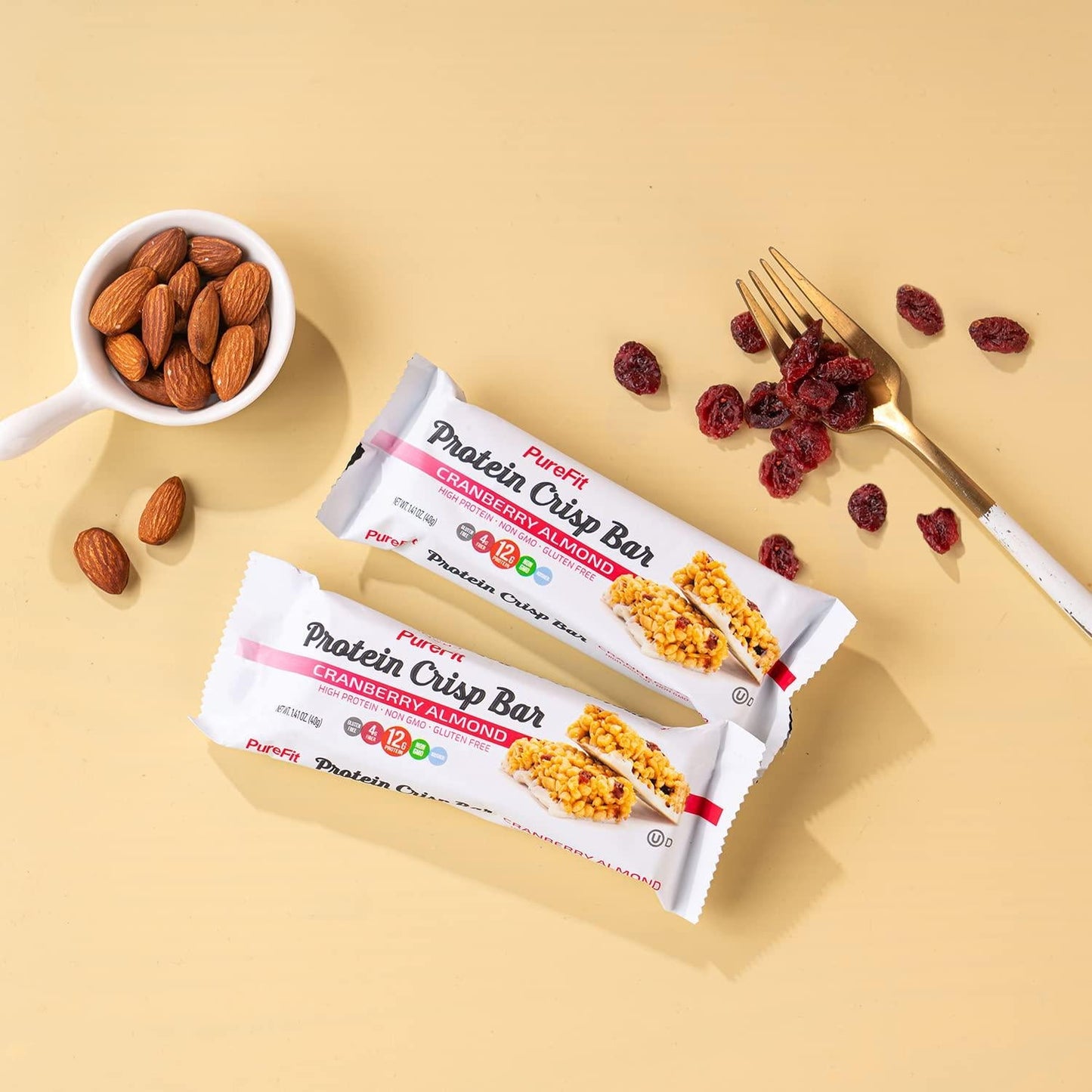 PureFit Protein Crisp Bar, Cranberry Almond, Plant Based, Low Calorie, Gluten Free, Non-GMO, Kosher, Tasty - 12g High Protein Snacks- 1.4oz (6 Count)