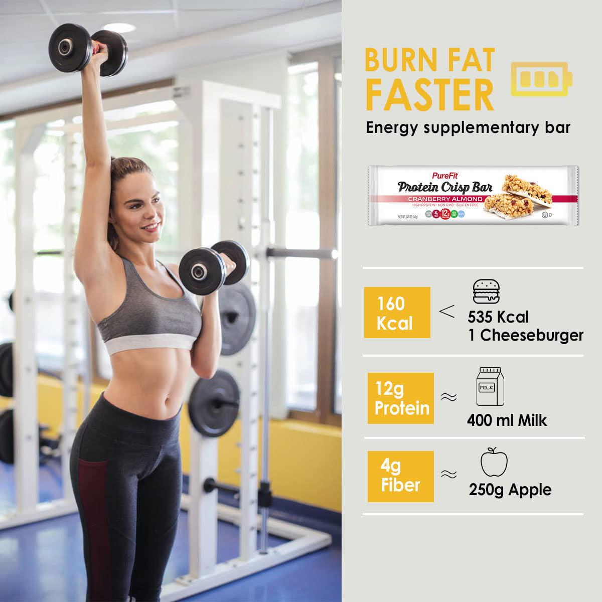 PureFit Protein Crisp Bar, Cranberry Almond, Plant Based, Low Calorie, Gluten Free, Non-GMO, Kosher, Tasty - 12g High Protein Snacks- 1.4oz (6 Count)