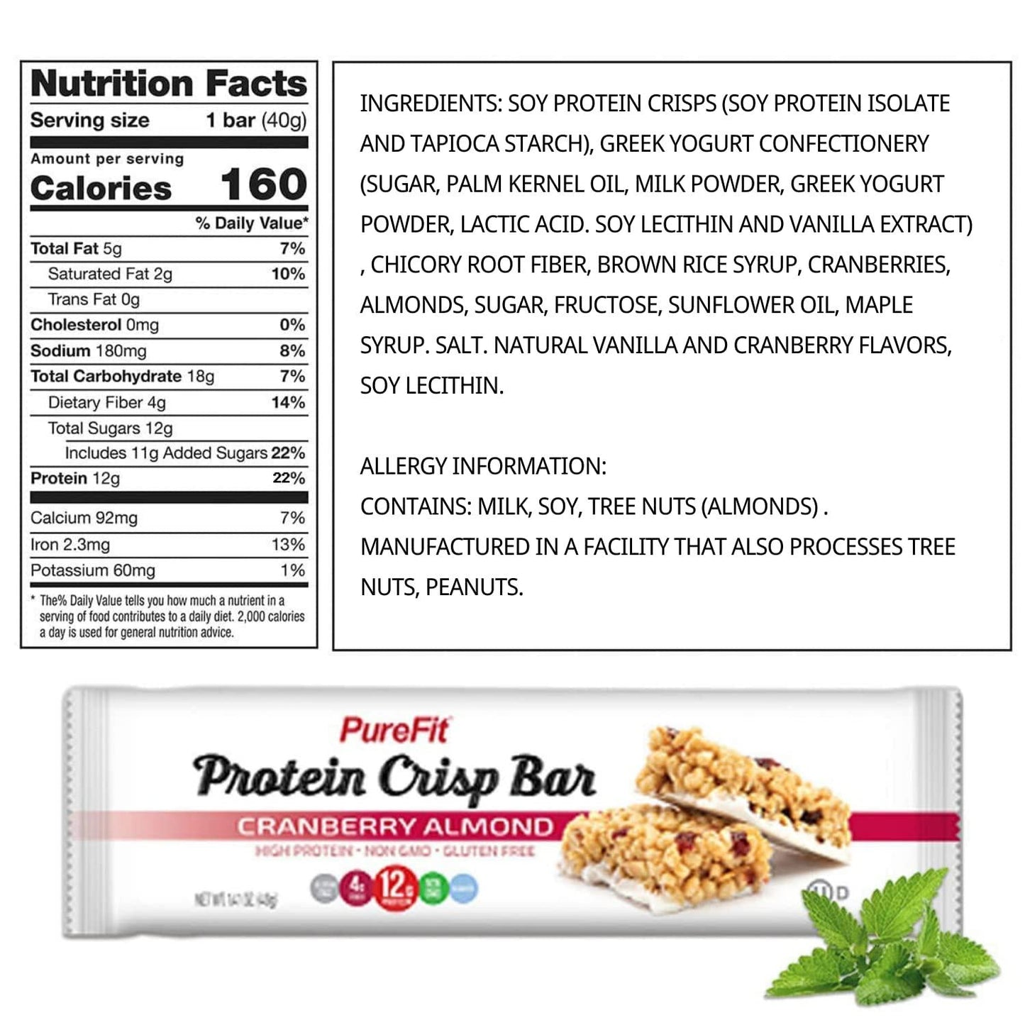 PureFit Protein Crisp Bar, Cranberry Almond, Plant Based, Low Calorie, Gluten Free, Non-GMO, Kosher, Tasty - 12g High Protein Snacks- 1.4oz (6 Count)