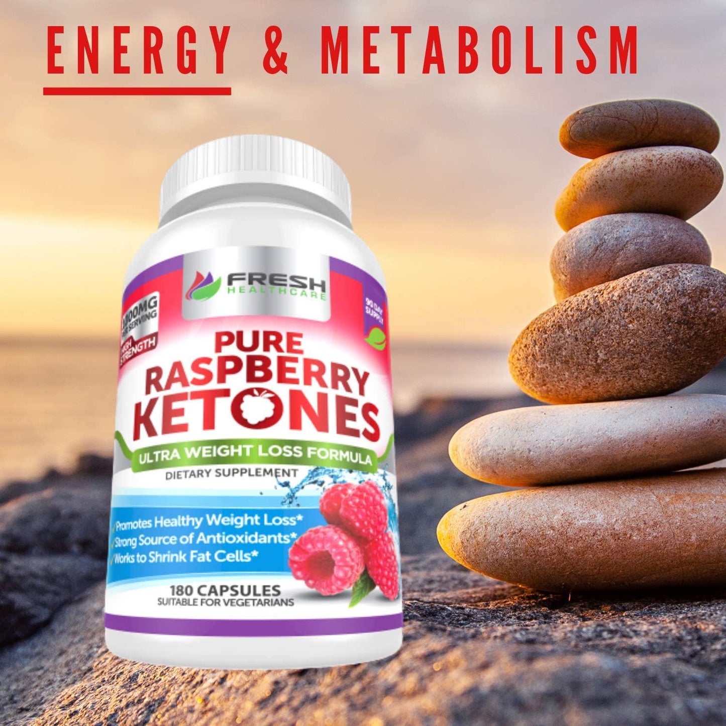 Pure 100% Raspberry Ketones Max 1000mg Per Serving - 3 Month Supply - Powerful Weight Loss Supplement - Provides Energy Boost for Weight Loss - 180 Capsules by Fresh Healthcare