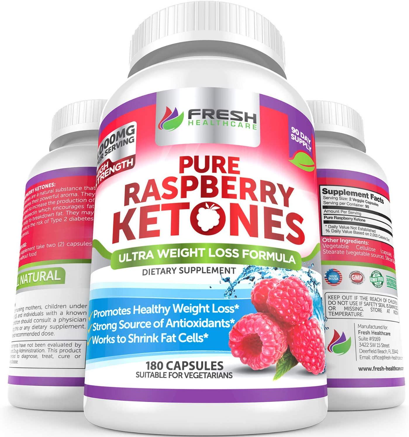 Pure 100% Raspberry Ketones Max 1000mg Per Serving - 3 Month Supply - Powerful Weight Loss Supplement - Provides Energy Boost for Weight Loss - 180 Capsules by Fresh Healthcare