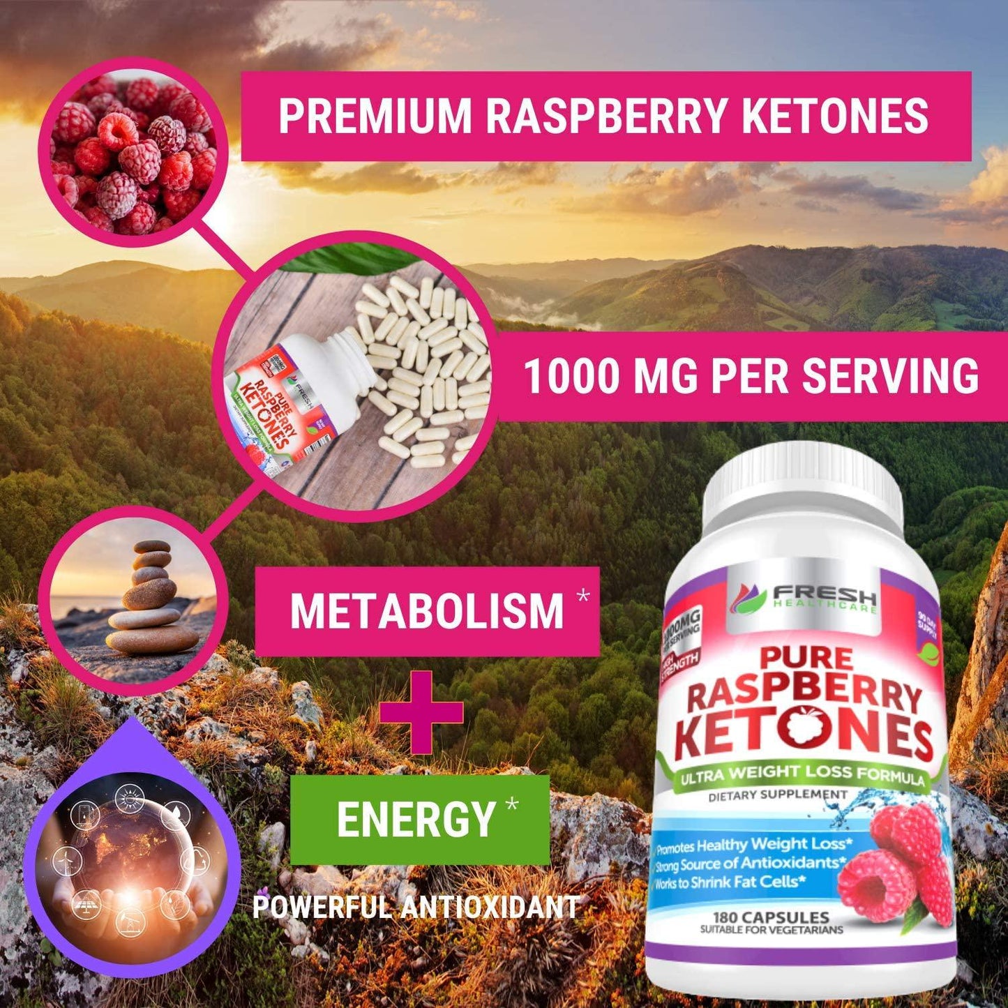 Pure 100% Raspberry Ketones Max 1000mg Per Serving - 3 Month Supply - Powerful Weight Loss Supplement - Provides Energy Boost for Weight Loss - 180 Capsules by Fresh Healthcare