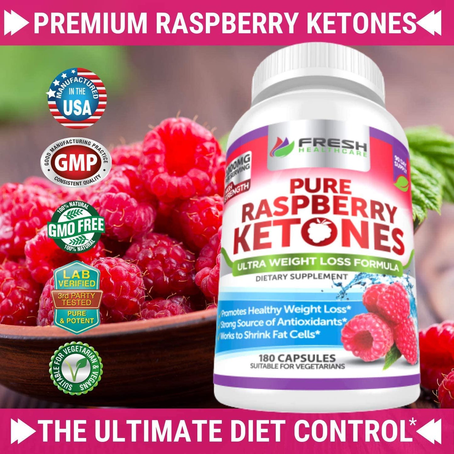 Pure 100% Raspberry Ketones Max 1000mg Per Serving - 3 Month Supply - Powerful Weight Loss Supplement - Provides Energy Boost for Weight Loss - 180 Capsules by Fresh Healthcare