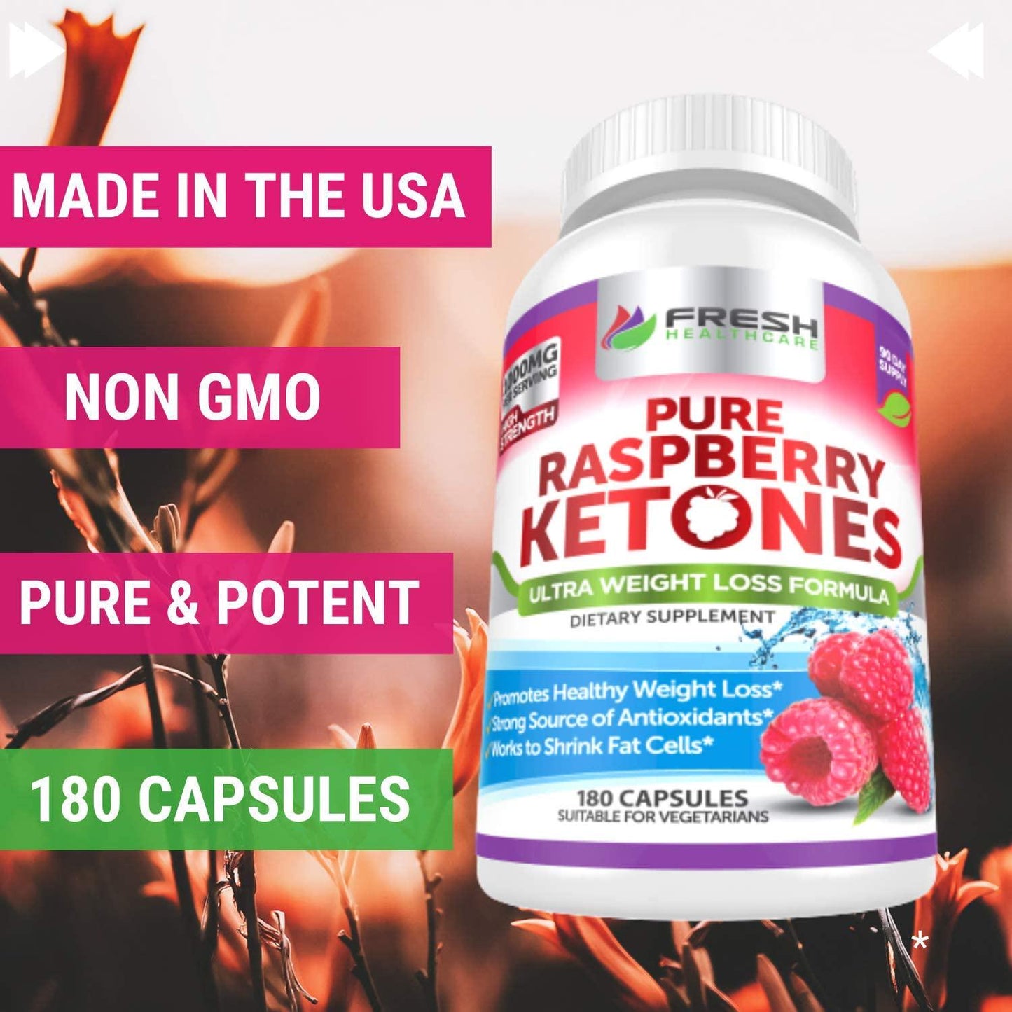 Pure 100% Raspberry Ketones Max 1000mg Per Serving - 3 Month Supply - Powerful Weight Loss Supplement - Provides Energy Boost for Weight Loss - 180 Capsules by Fresh Healthcare
