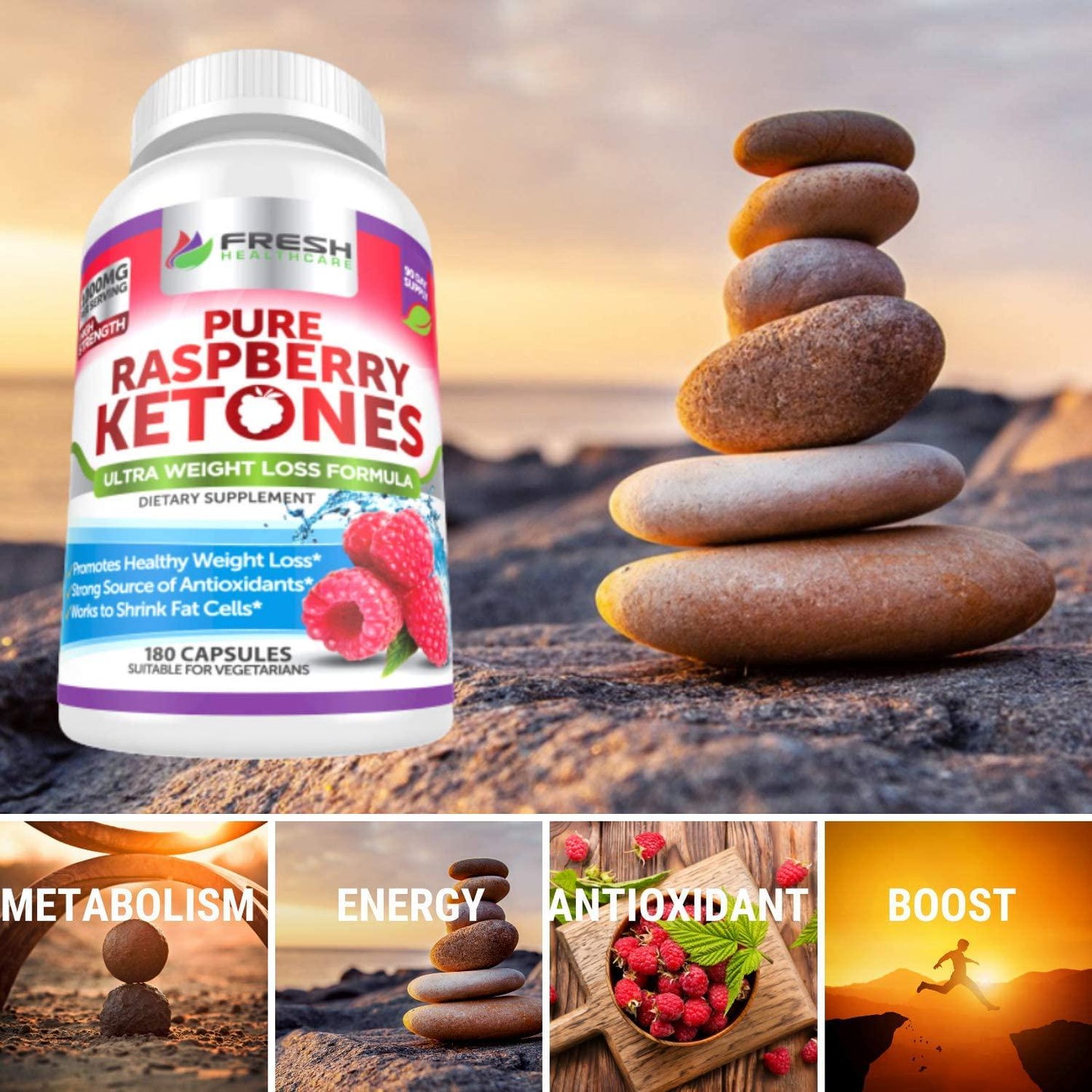 Pure 100% Raspberry Ketones Max 1000mg Per Serving - 3 Month Supply - Powerful Weight Loss Supplement - Provides Energy Boost for Weight Loss - 180 Capsules by Fresh Healthcare