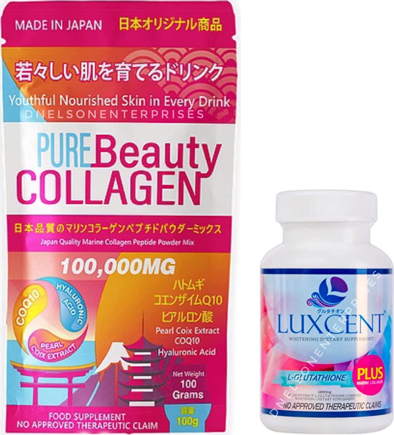 Pure Beauty Collagen and Luxcent Glutathione Caps Duo, Japan Made and Formulated - 1 Month Supply