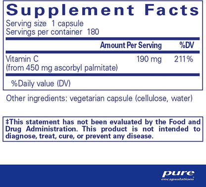 Pure Encapsulations Ascorbyl Palmitate | Fat-Soluble Vitamin C Supplement to Support Iron Absorption and a Healthy Immune System* | 180 Capsules