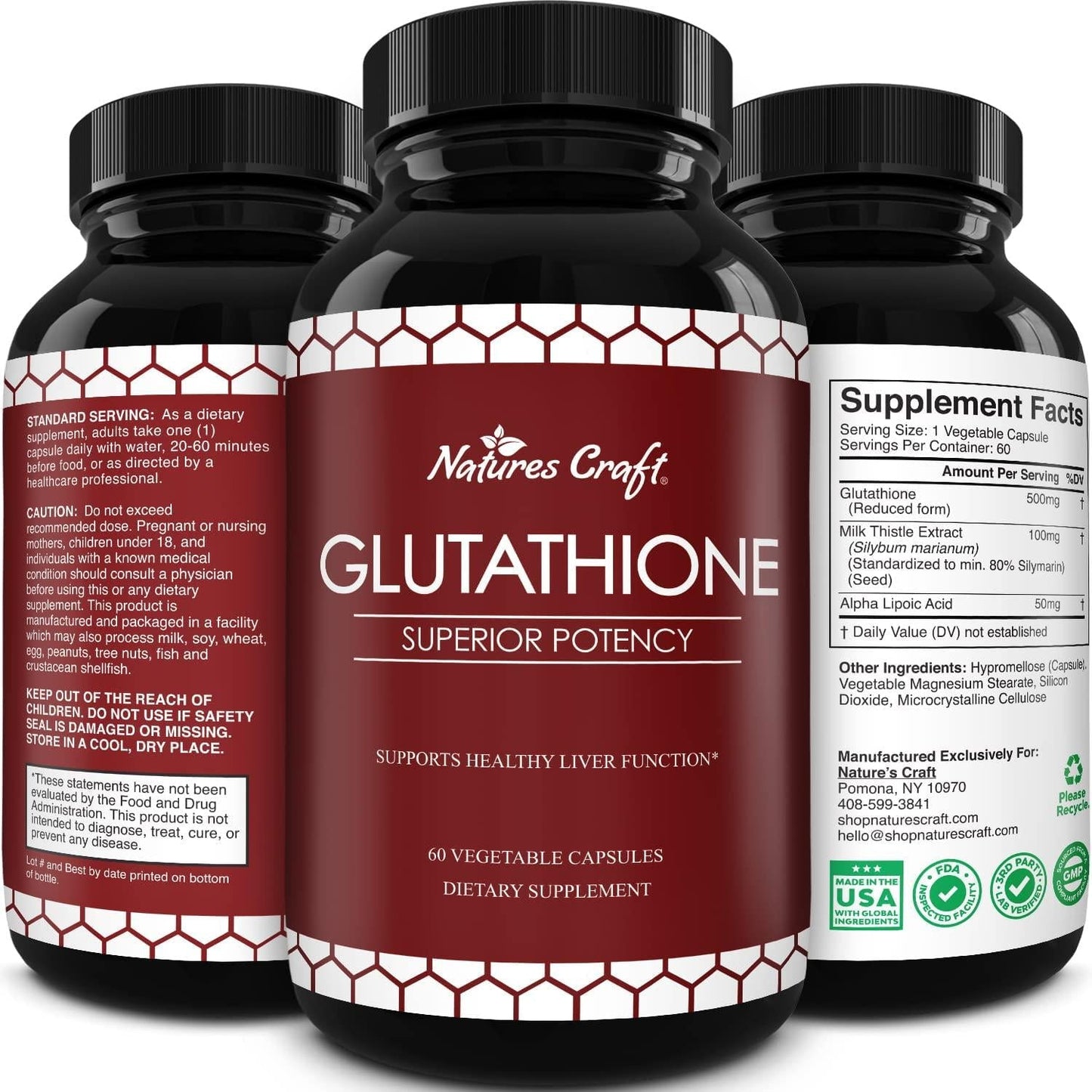 Pure Glutathione Supplement Natural Skin Whitening Pills for Men and Women Pure Antioxidant for Anti Aging Benefits 500 mg Reduced Form Glutathione with Milk Thistle Extract 60 Caps