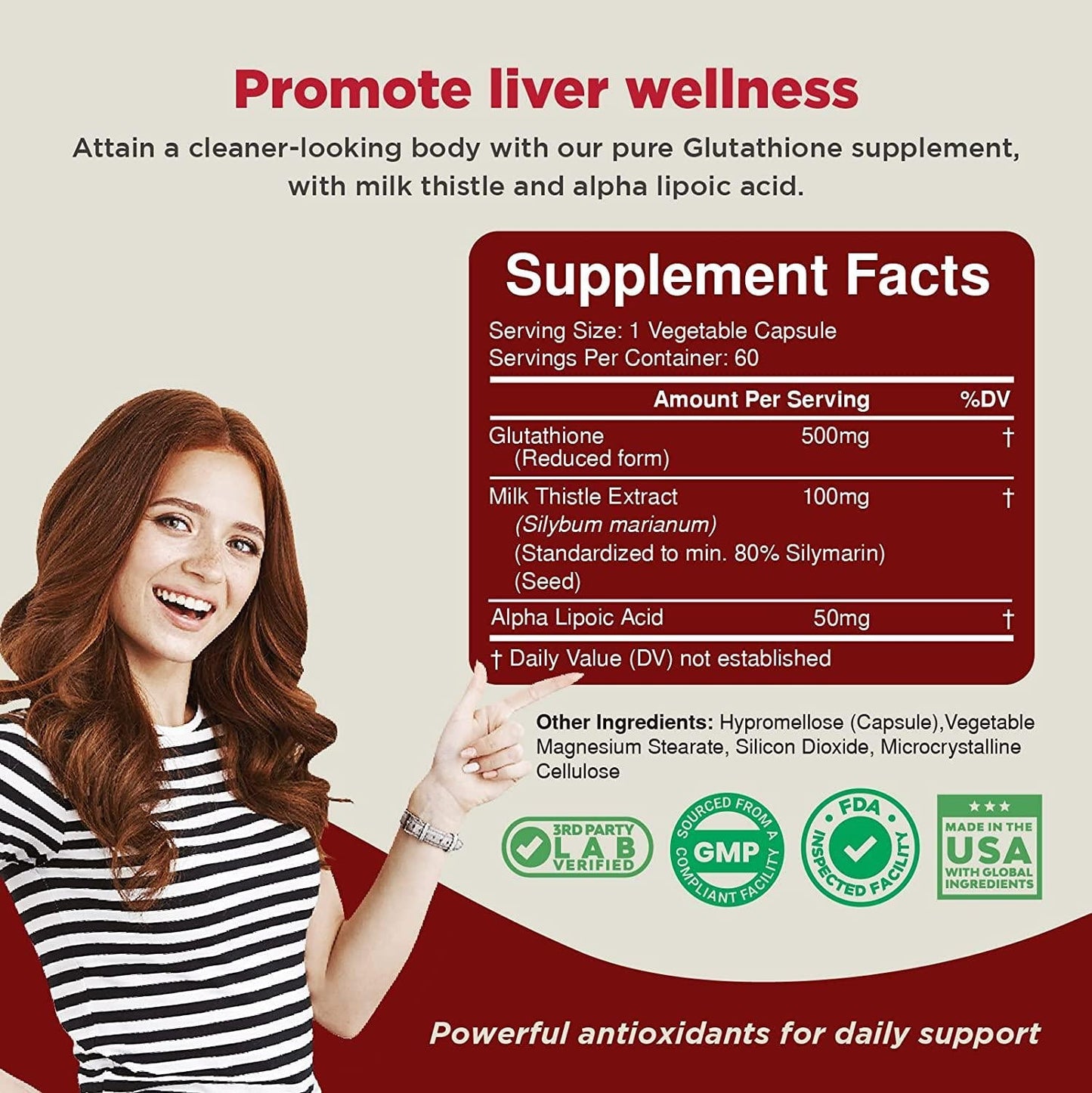 Pure Glutathione Supplement Natural Skin Whitening Pills for Men and Women Pure Antioxidant for Anti Aging Benefits 500 mg Reduced Form Glutathione with Milk Thistle Extract 60 Caps