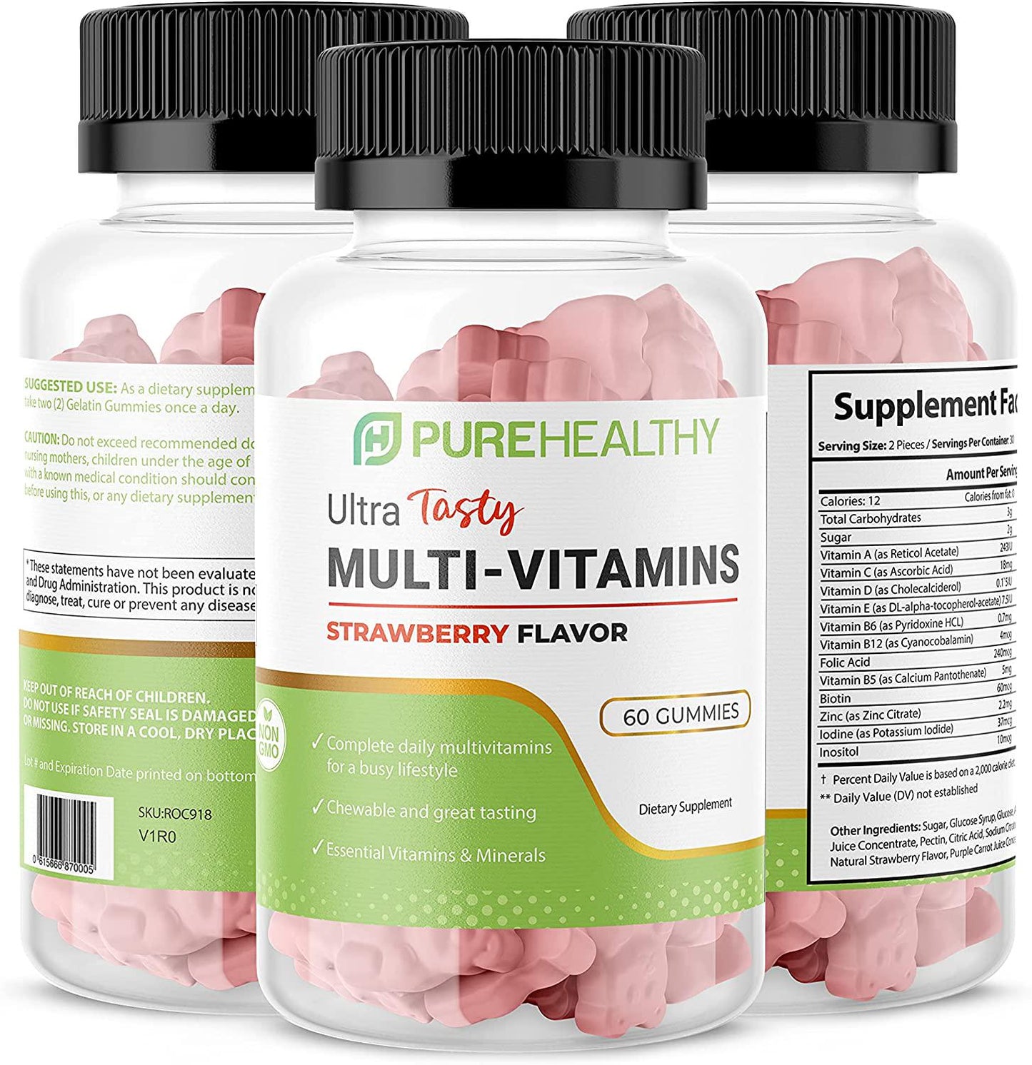 Pure Healthy, Ultra Tasty Multivitamins, 60pcs, Chewable Multivitamins Gummies, Multivitamins for Adults, Vitamin A C D E B5 B6 B12